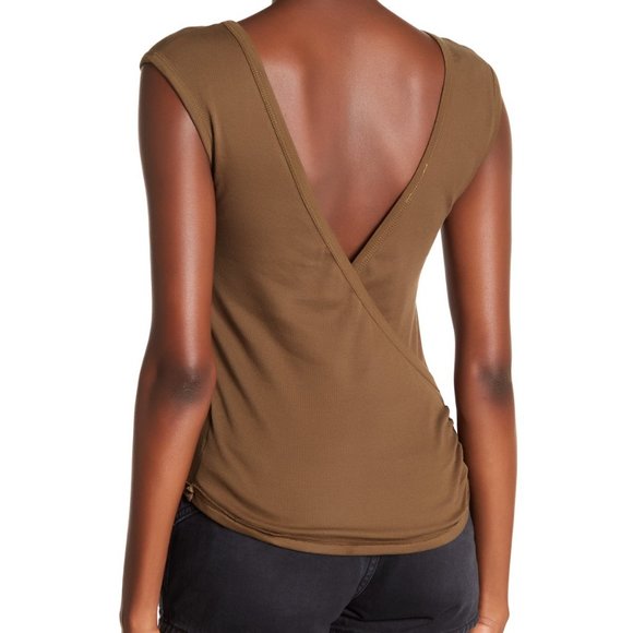 New - Free People Cropped Surplice-Back T-Shirt Moss (Only Size S Left) - Picture 2 of 4